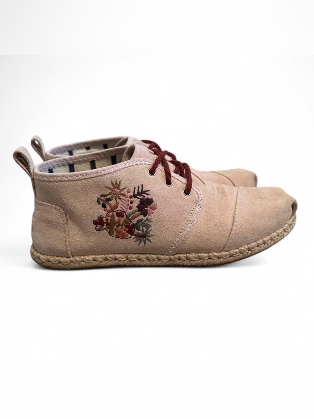 Toms Bota Suede Floral Emboridered Ankle Lace Up Shoes Blush Pink Women’s 8.5
